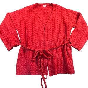 POL Red Textured Knit Cardigan Sweater Womens Small Tie Waist Boho